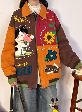 SOLDOUT原创美式复古卡通猫咪刺绣棒球服棉衣外套女冬季夹克棉服