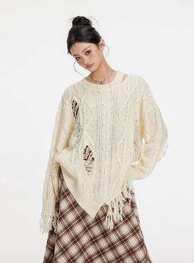 Sanowers复古不规则破洞流苏麻花编织毛衣女宽松慵懒风情侣针织衫