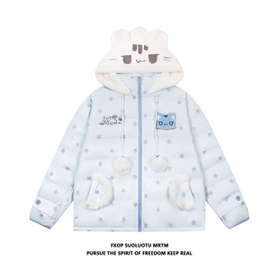 FXOP满印星星猫咪魔术贴毛绒刺绣连帽棉服女宽松慵懒加厚保暖棉衣