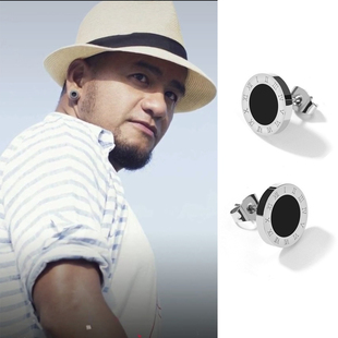 欧美个性嘻哈hip hop热狗张震岳同款耳钉银色黑贝母时尚简约ins风