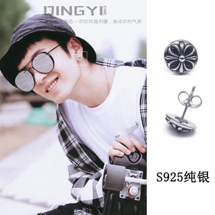 王北车同款耳钉纯银针圆形十字架军花个性嘻哈气质男小众高级感