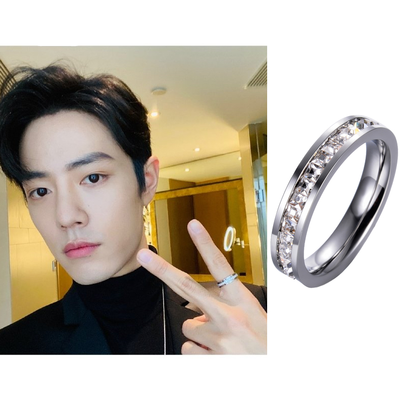 王一博肖战同款戒指镶钻方形个性夹钻锆石钛钢情侣指环时尚简约潮