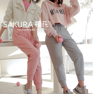 羽络樱花裤 棉珠地直筒束脚简约舒适显瘦宽松 23101休闲运动卫裤