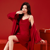性感睡袍荡领吊带晨袍两件红色睡裙结婚套装 春秋季 睡衣女冰丝长袖