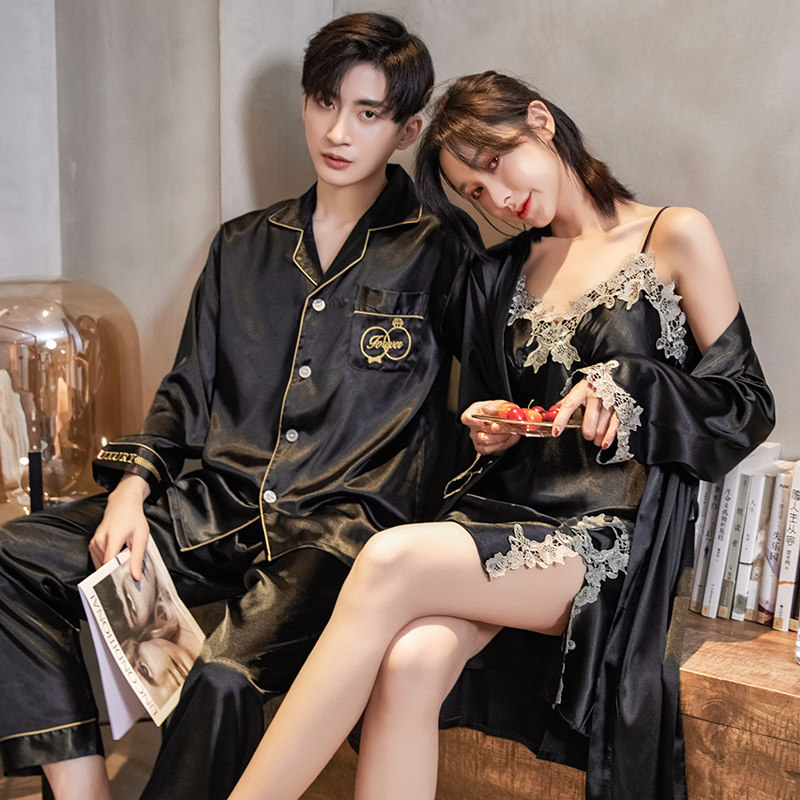 春秋季情侣睡衣冰丝女性感睡裙睡袍两件套韩版男士丝绸家居服大码