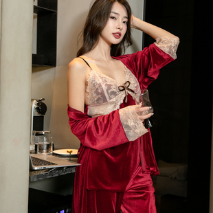 金丝绒睡衣女长袖秋冬季款性感睡袍吊带长裤三件套女士高级感套装