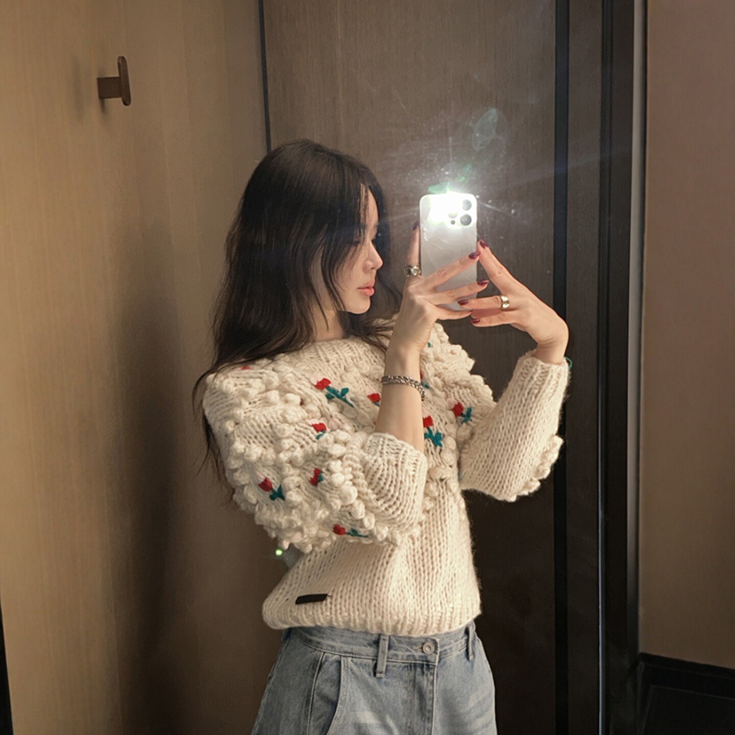 【官网自制 设计师款】Partysu韩国代购正品女25冬手工花朵针织衫