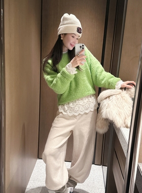 【韩国官网直邮】Partysu韩国代购正品女25冬宽松蕾丝拼结针织衫