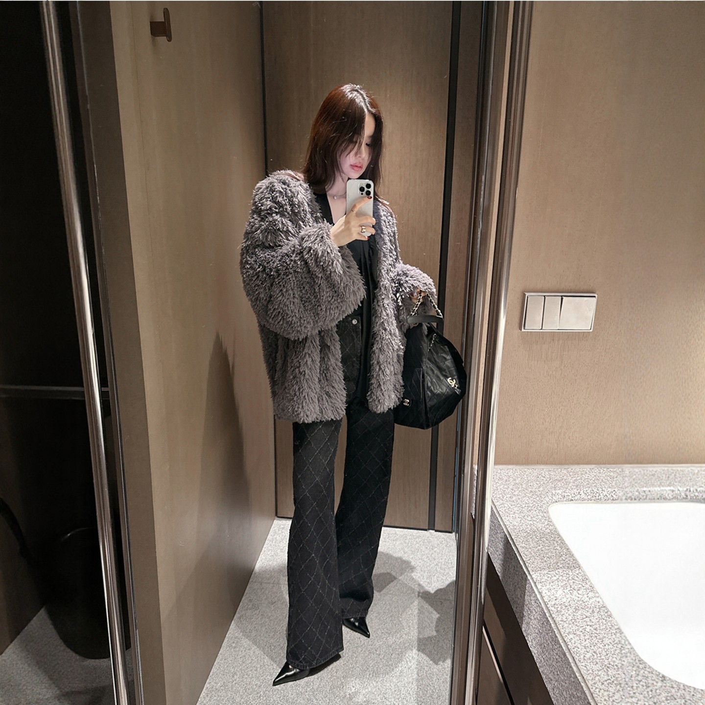 【韩国官网直邮】Partysu韩国代购正品女2025冬季黑色格纹牛仔裤