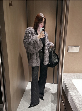 【韩国官网直邮】Partysu韩国代购正品女2025冬季黑色格纹牛仔裤