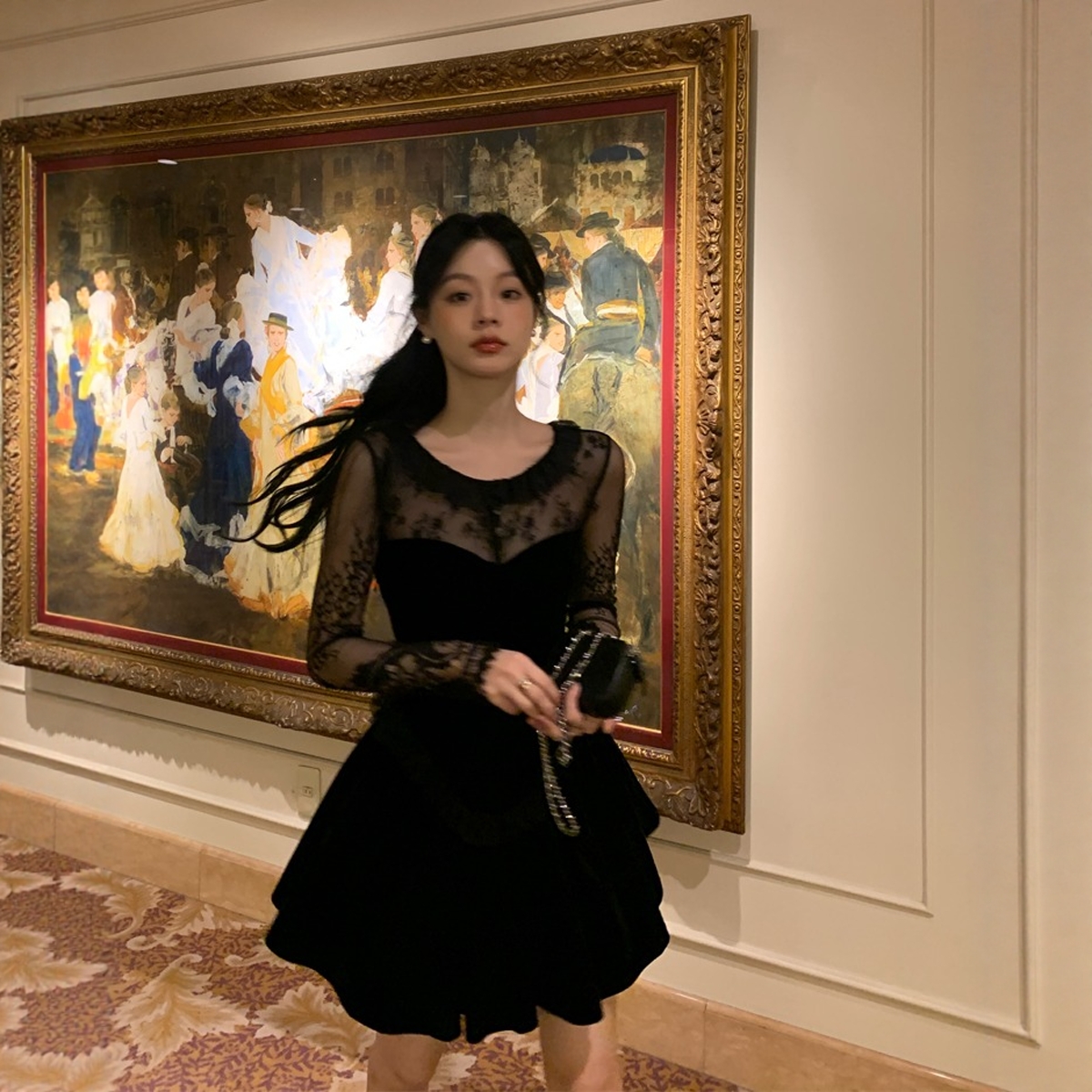 【设计师款】Haners家韩国代购法式女2025冬季高定蕾丝丝绒连衣裙