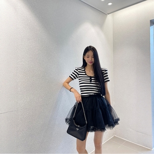 t恤 Haners家韩国代购 女清新优雅2025夏季 圆领半开扣修身 条纹短袖
