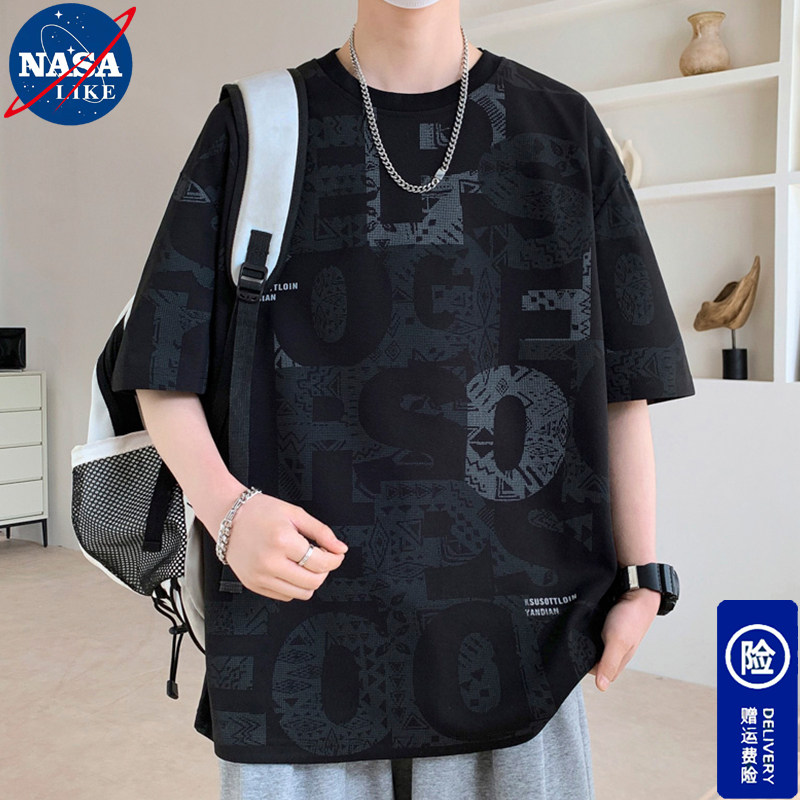 NASA美式冰丝短袖T恤男2026夏季宽松大码潮牌凉感ins五分休闲半袖