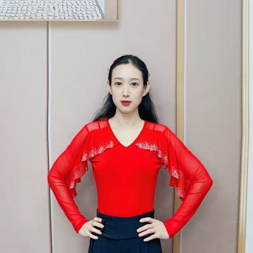 欢舞阁吉特巴摩登舞气质女士烫钻长袖交际广场舞荷叶边舞衣A0758