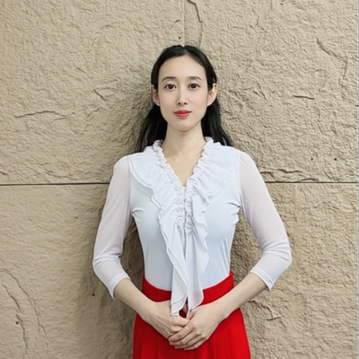 欢舞阁摩登舞吉特巴时尚气质女士V领木耳边飘带中袖舞蹈服A0855