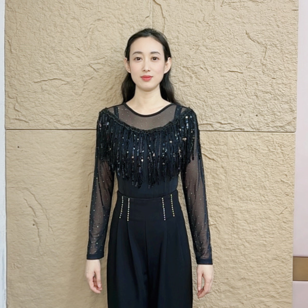 摩登吉特巴交谊舞吉特巴舞衣广场舞圆领流苏长袖袖女舞蹈服A0584