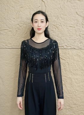 摩登吉特巴交谊舞吉特巴舞衣广场舞圆领流苏长袖袖女舞蹈服A0584