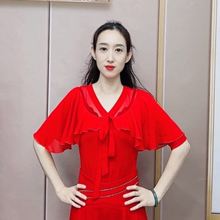 欢舞阁摩登舞吉特巴时尚 百搭女士V领交际广场舞大荷叶边舞衣A0538