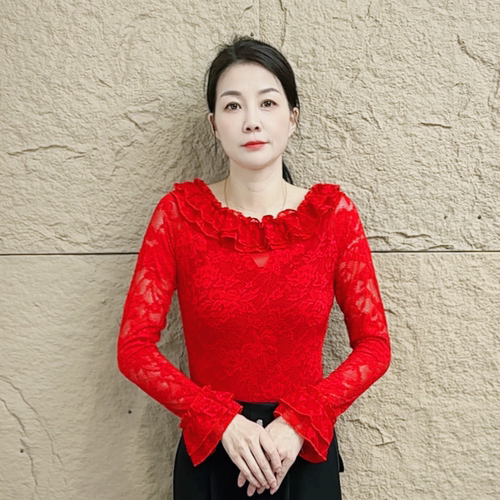 欢舞阁摩登吉特巴女士圆领广场舞时尚百搭蕾丝长袖舞衣A0828