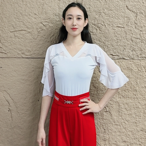 欢舞阁摩登舞吉特巴时尚气质女士V领荷叶边短袖舞蹈服A0906