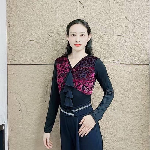 欢舞阁摩登双人舞吉特巴A0817广场舞气质女士V领拼百搭长袖舞衣