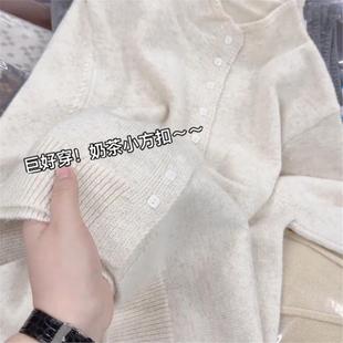 奶茶色方糖扣连帽长袖 欧货2025春秋新款 针织毛衣女百搭宽松上衣
