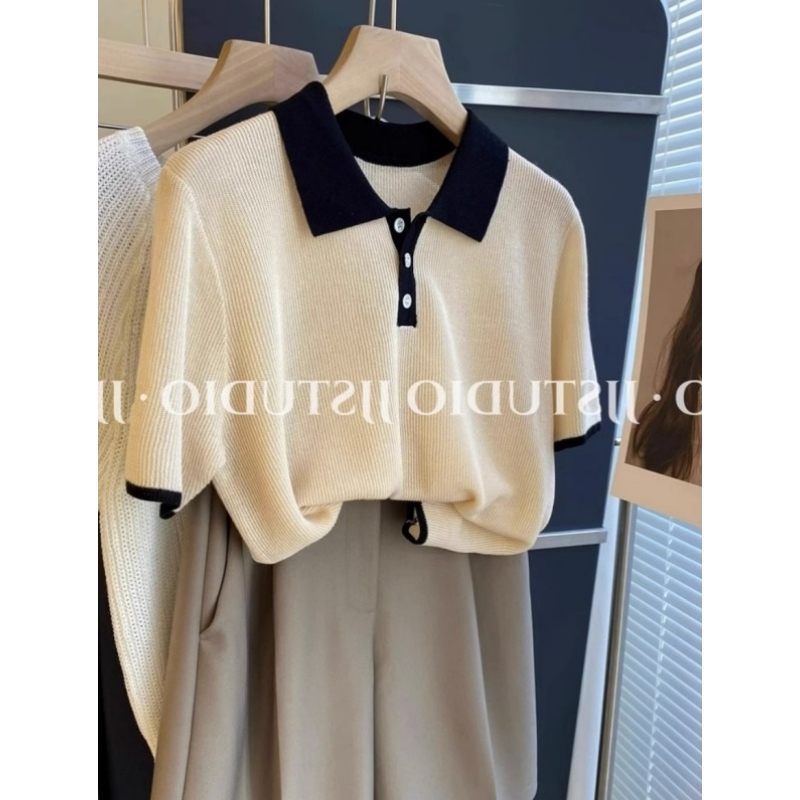 杏色polo领针织短袖正肩t恤女夏季设计感小众宽松半袖冰丝上衣服