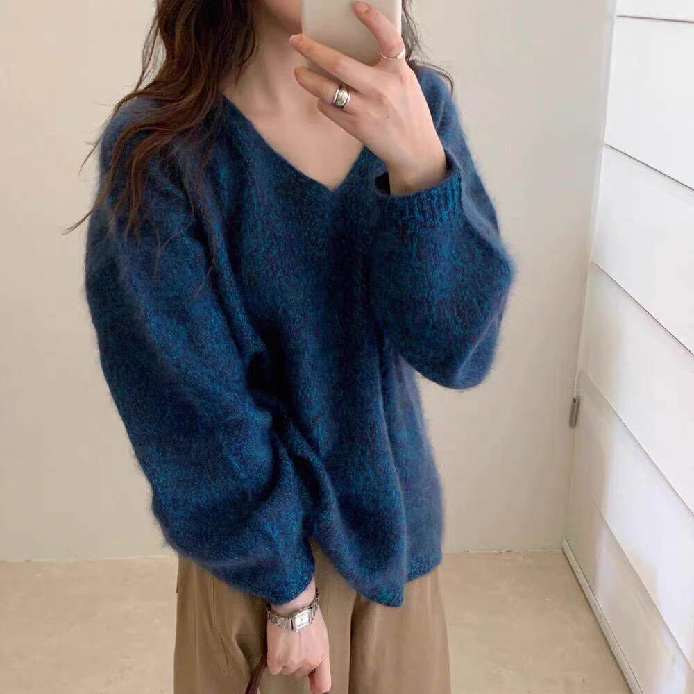 花纱拉绒套头宽松保暖针织毛衣女