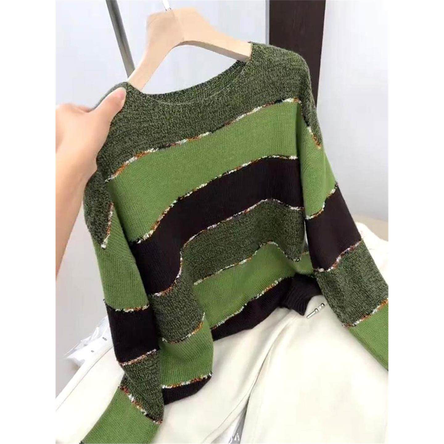 秋冬慵懒风拼色条纹长袖针织衫女