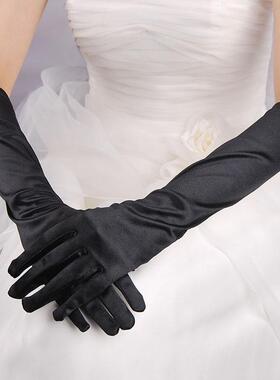 黑色弹力段色丁中长款手套婚纱礼服袖套包手指公主生日舞会手套