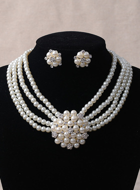 日韩新娘仿珍珠项链耳钉围脖套装