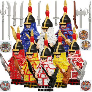 KT1095中国古代士兵满清朝正八旗士兵军事正黄旗盾牌人仔积木玩具