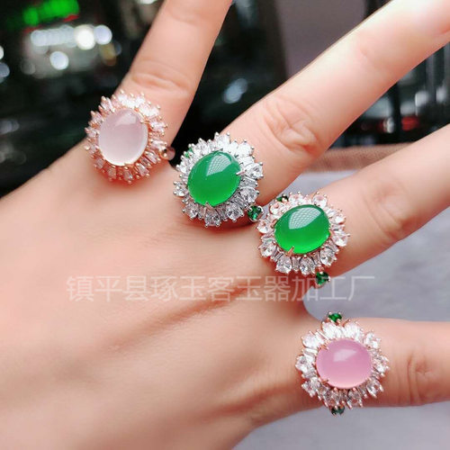 绿玉髓戒指起荧光指环925镀银镶嵌蛋面女款镶嵌可调节戒指
