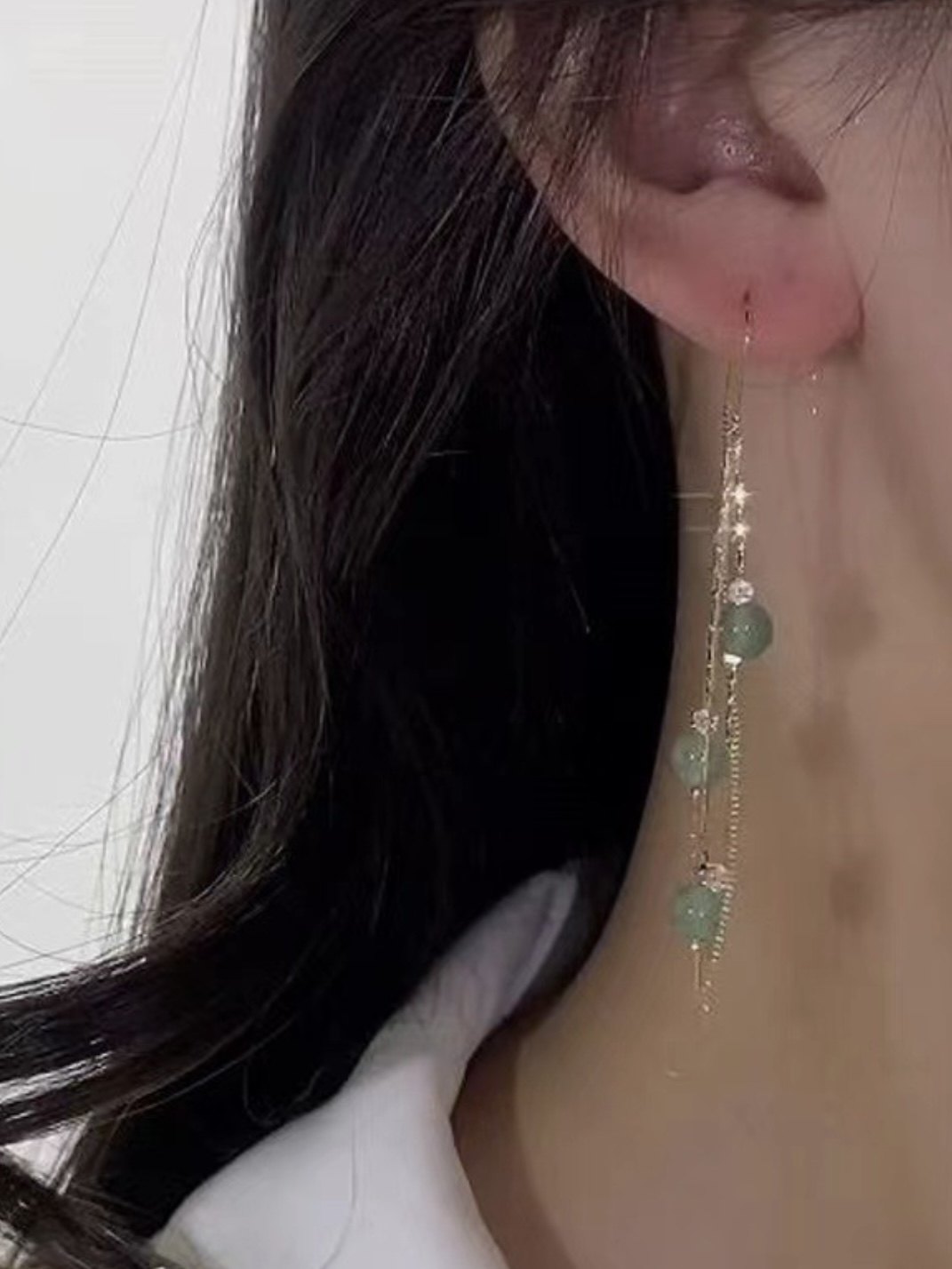 绿色猫眼石长款流苏耳线2024新款超仙小清新古风耳环小众设计耳饰