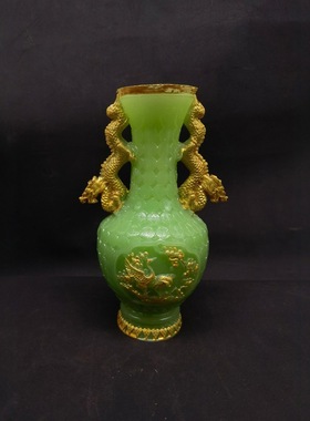收藏古玩夜光石鎏金龙凤花瓶摆件家居装饰创意工艺品