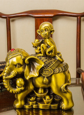 封侯拜相摆件铜象上猴生肖猴金猴福象马上封侯家居办公室工艺品