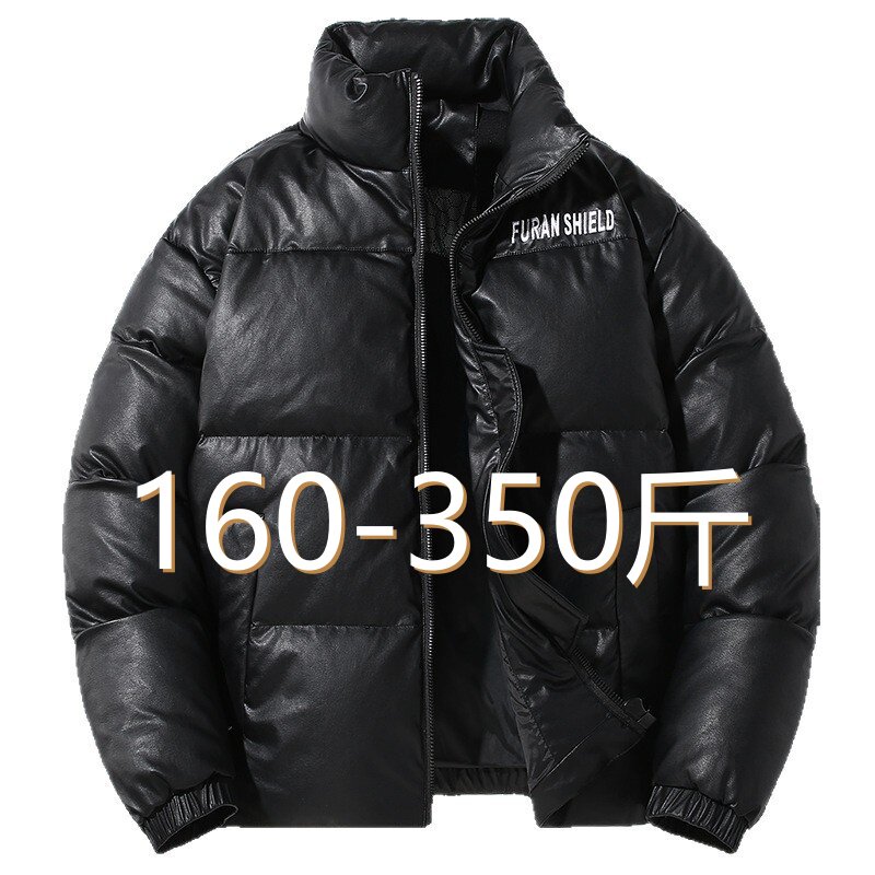 350斤冬季加厚大码男装PU皮免洗羽绒服加肥加大宽松休闲立领外套