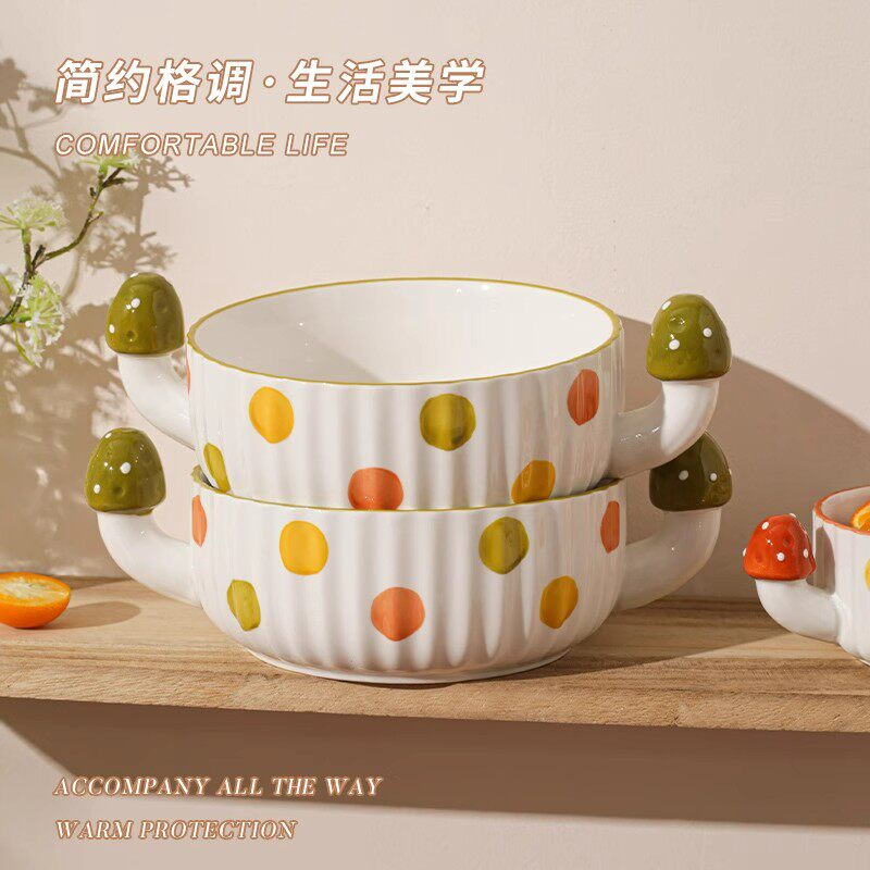 家用陶瓷蘑菇釉下彩手绘双耳碗可碗