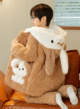 新款儿童男童睡衣珊瑚绒冬季加绒家居服三层夹棉加厚学生男孩套装