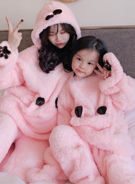 冬季新款亲子睡衣女童连帽套装女士长毛绒保暖儿童母女卡通家居服
