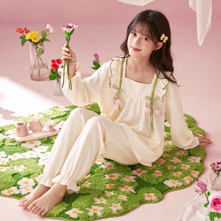 女童睡衣儿童春秋纯棉长袖2025新款女孩初中生公主风家居服带胸垫