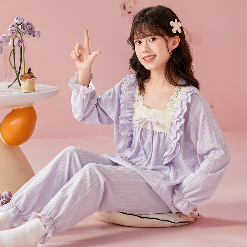 2025春秋精梳棉女初中生睡衣少女带胸垫家居服可爱女孩中大童套装
