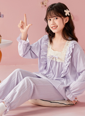 2025春秋精梳棉女初中生睡衣少女带胸垫家居服可爱女孩中大童套装