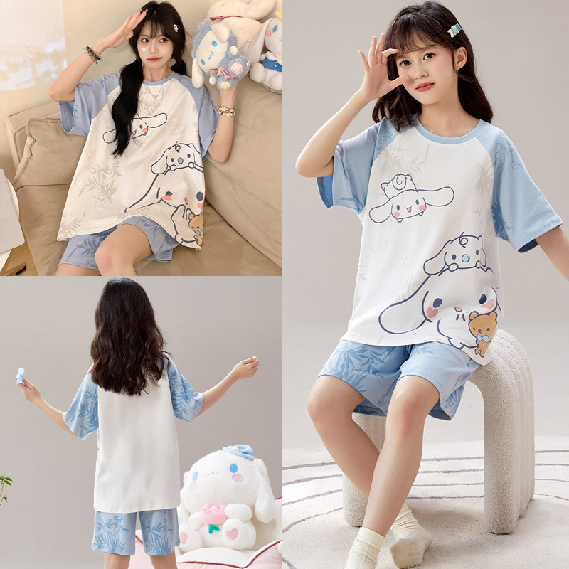 夏季女童姐妹睡衣纯棉短袖薄款中大童亲子母女公主家居服女孩套装