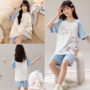 夏季女童姐妹睡衣纯棉短袖薄款中大童亲子母女公主家居服女孩套装