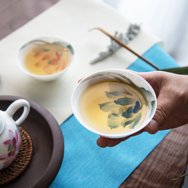 千红窑内绘中式荷花主人杯