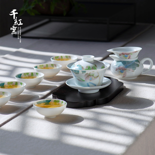 陶瓷家用小套简约复古功夫茶具荷花盖碗泡茶杯 釉下彩手绘茶具套装