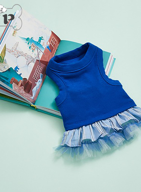 『Memory Pet』韩国louisdog宠物春蓝色弹力蕾丝荷叶边无袖连衣裙
