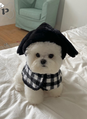 『Memory Pet』韩国代购hiyeboo宠物冬季黑色格纹毛绒兔耳朵披风