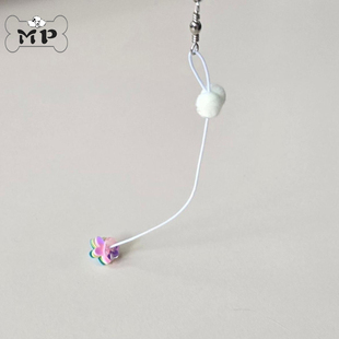 现货~韩国代购宠物猫咪彩色花朵绒球橡皮筋逗猫棒头玩具